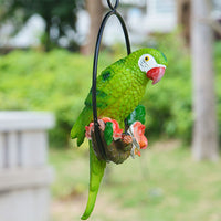 Hanging Parrot Statue Sculpture on Round Ring Decor for Patio Garden Lawn Green