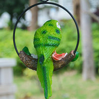 Hanging Parrot Statue Sculpture on Round Ring Decor for Patio Garden Lawn Green