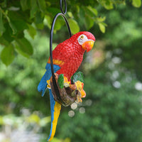 Hanging Parrot Statue Sculpture on Round Ring Decor for Patio Garden Lawn Red