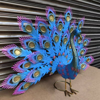 Metal Peacock Statue Garden Sculpture Animal Peacocks Ornament Decor Blue