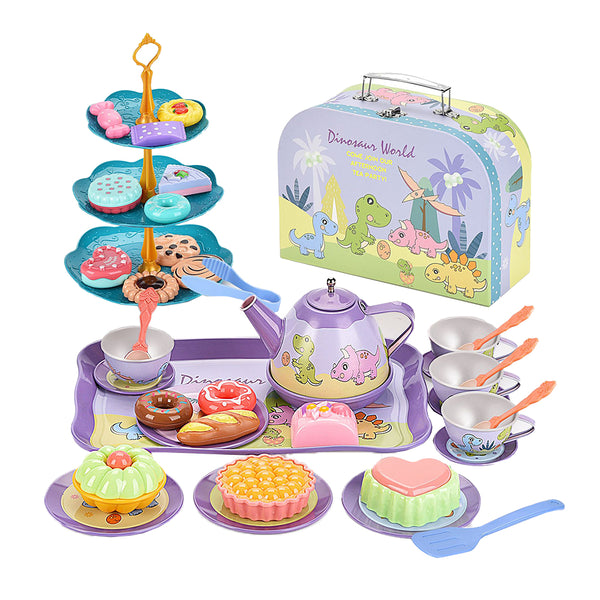 Kids Tea Set Toys Tin Tea Set with Carrying Case Pretend Toy for Little Girls and Boys Style 1