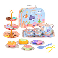 Kids Tea Set Toys Tin Tea Set with Carrying Case Pretend Toy for Little Girls and Boys Style 2