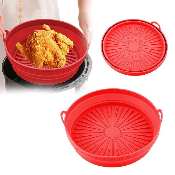 2Pcs Round Foldable Air Fryer Silicone Pot Reusable Baking Tray Basket Mat Oven Accessories Red