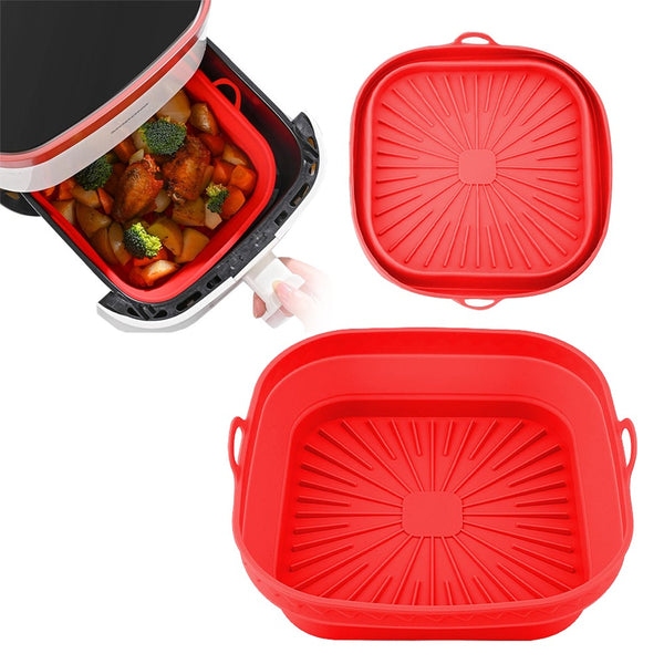 2Pcs Square Foldable Air Fryer Silicone Pot Reusable Baking Tray Basket Mat Oven Accessories Red