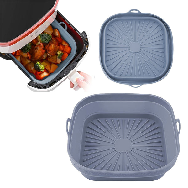 2Pcs Square Foldable Air Fryer Silicone Pot Reusable Baking Tray Basket Mat Oven Accessories Grey