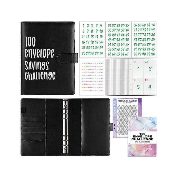 100 Envelope Challenge Binder Budget Planner Savings Book with 200 Card Slots Black