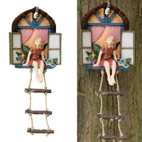 Fairy House with Ladder Statue Outdoor Garden Miniature Fairy Tree Hanging Decor