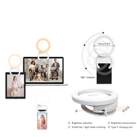 Portable Selfie Fill Light Mini Rotating Clip-On Ring Light for Cell Phone Laptop Photography White