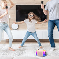 Mini Karaoke Machine with 2 Wireless Microphones Portable Bluetooth Speaker Colorful Lights Pink