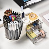 Rotating Desk Organizer with 2 Drawer Pen Holder Office Home Art Supplies