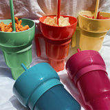 2-In-1 Snack Bowl with Straw Reusable Tumbler Popcorn Cup Yellow