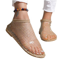 Glittery Stretchy Hollow Shoes Women Comfortable Shiny Rhinestone Flats Shoe Champagne