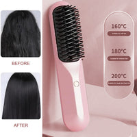 Cordless Hair Straightener Brush Portable Negative Ion Heating Hair Straightening Comb on-The-go Pink