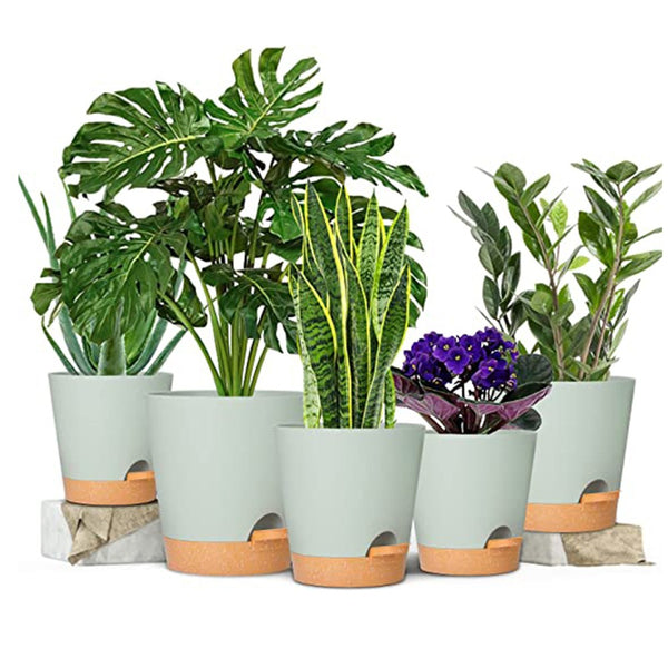 Set of 6Pcs Self Watering Planters Nursery Plant Pots Plastic Flower Pots with Drainage Hole for Indoor Outdoor Plants Green