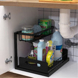 2-Layer Under Sink Organizers Sliding Out Cabinet Basket Storage Rack for Kitchen Bathroom Countertop Black