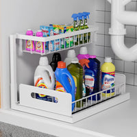 2-Layer Under Sink Organizers Sliding Out Cabinet Basket Storage Rack for Kitchen Bathroom Countertop White