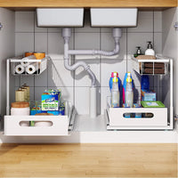 2-Layer Under Sink Organizers Sliding Out Cabinet Basket Storage Rack for Kitchen Bathroom Countertop White