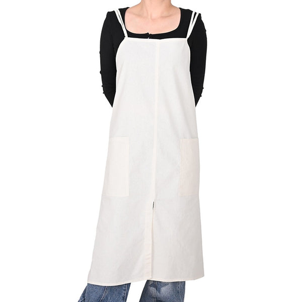 Solid Color Long Apron Cotton Suspender Apron with Pockets for Kitchen Garden Shop Beige