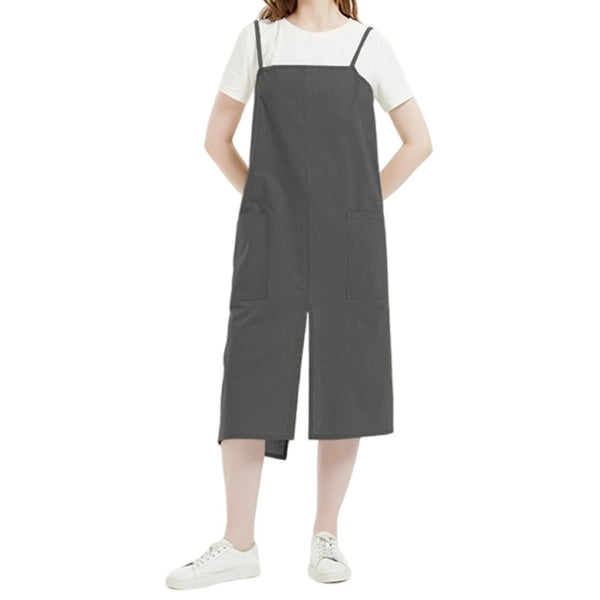 Solid Color Long Apron Cotton Suspender Apron with Pockets for Kitchen Garden Shop Dark Gray