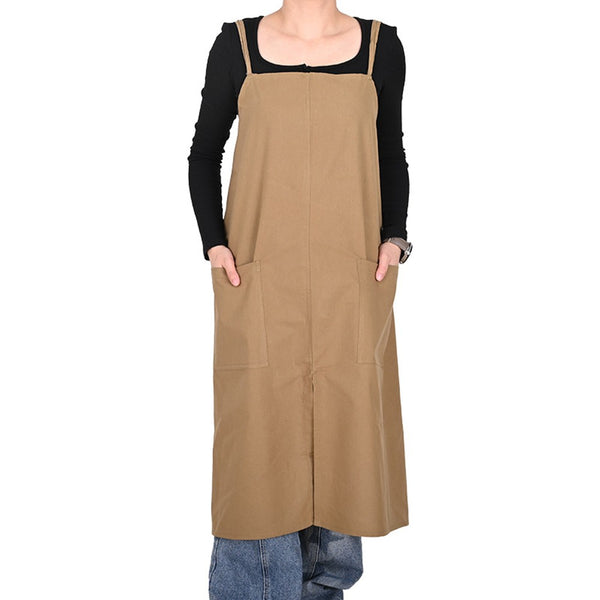 Solid Color Long Apron Cotton Suspender Apron with Pockets for Kitchen Garden Shop Yellow