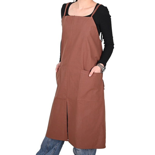 Solid Color Long Apron Cotton Suspender Apron with Pockets for Kitchen Garden Shop Red