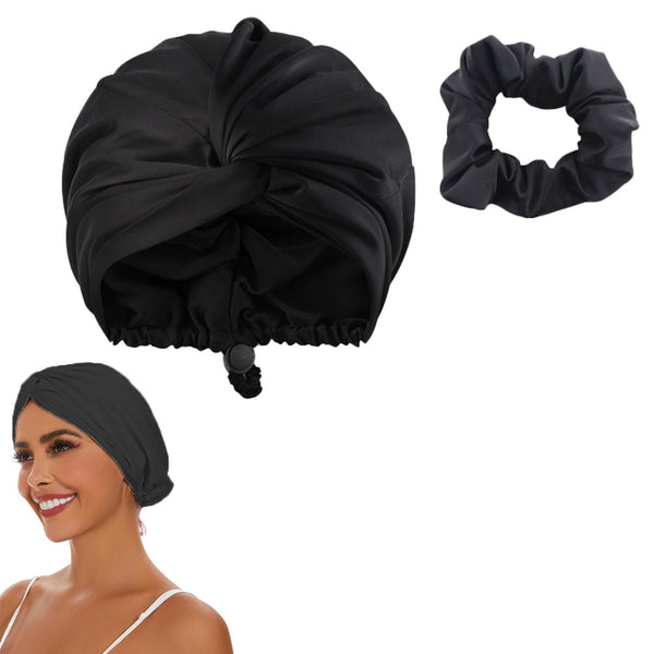 Adjustable Satin Hair Bonnet Sleeping Night Cap Hair Wrap Turban Black