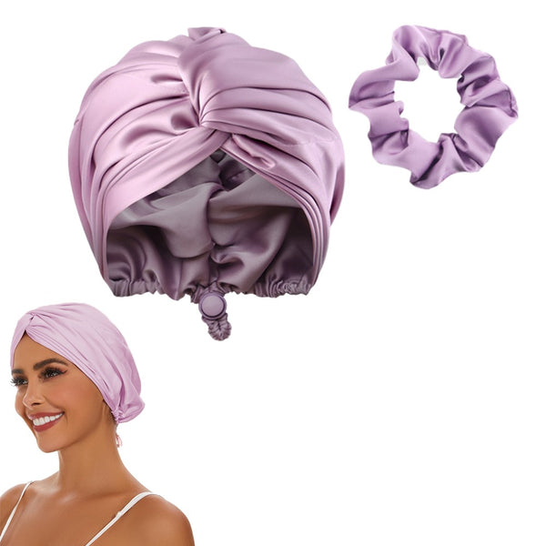 Adjustable Satin Hair Bonnet Sleeping Night Cap Hair Wrap Turban Purple