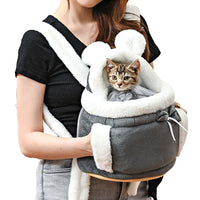 Plush Pet Carrier Backpack Pet Warm Bag with Hand Warmer Pocket Grey