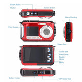 1080P Dual Screen Selfie Underwater Camera Water Resistant Digital Camera with 32GB Memory Card Red