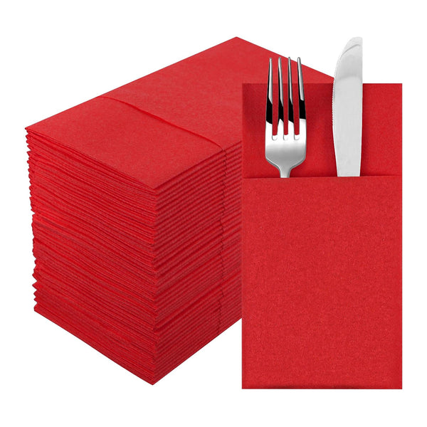 50Pcs Disposable Dinner Napkins Prefolded Flatware Pocket Paper Hand Towels for Dinner Wedding Party Events Red