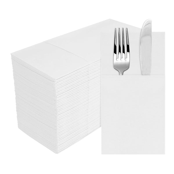 50Pcs Disposable Dinner Napkins Prefolded Flatware Pocket Paper Hand Towels for Dinner Wedding Party Events White