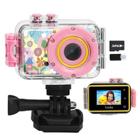 1080P HD Kids Sports Camera with Waterproof Case and 32GB Memory Card Pink