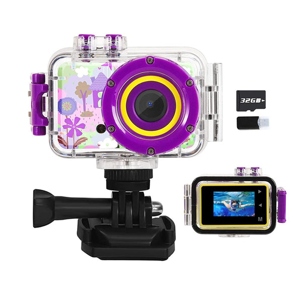 1080P HD Kids Sports Camera with Waterproof Case and 32GB Memory Card Purple