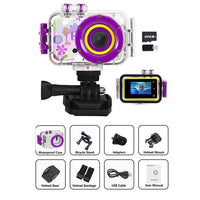 1080P HD Kids Sports Camera with Waterproof Case and 32GB Memory Card Purple