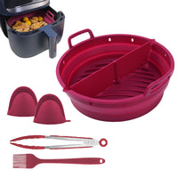 Reusable Air Fryer Liner Tong Gloves Set Foldable Silicone Air Fryer Baking Tray with Divider Red