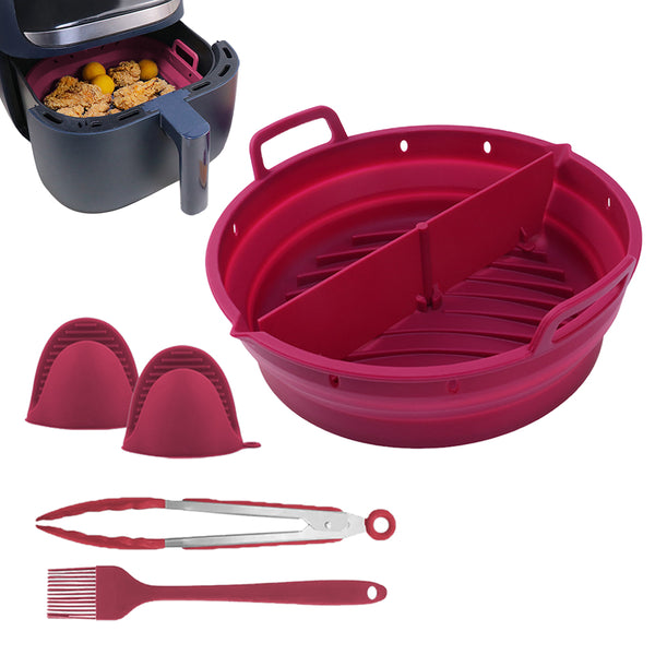 Reusable Air Fryer Liner Tong Gloves Set Foldable Silicone Air Fryer Baking Tray with Divider Red