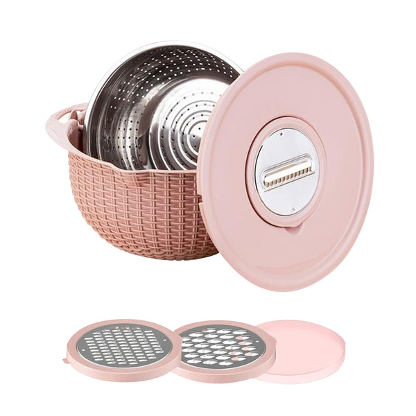 4-in-1 Rotatable Colander Drain Basket Set Kitchen Food Vegetable Washing Drain Colander Pink