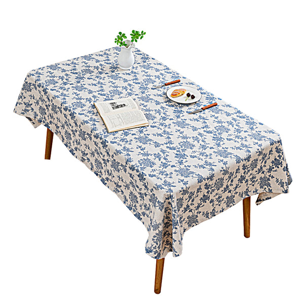 Vintage Table Cloth Blue Flower Printed Retro Table Cover Farmhouse Dining Decoration