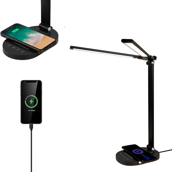 Adjustable Double Head LED Desk Lamp with Wireless Charging Dock Touch Control Reading Lamp for Home Office