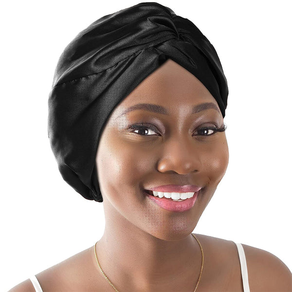 100% Silk Bonnet Sleep Cap for Women Hair Care Adjustable Knotted Turban Hat Black