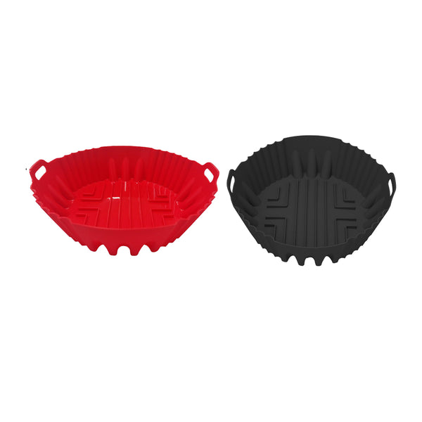 2Pcs Silicone Air Fryer Pot with Handle Reusable Nonstick Air Fryer Liner Baking Tray Basket Red and Black