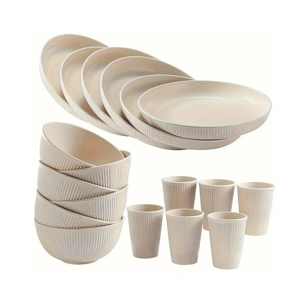 18pcs Set Wheat Straw Dinnerware Reusable Cups Plates Bowls Set Beige