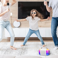 Mini Karaoke Machine with 2 Wireless Microphones Portable Bluetooth Speaker Colorful Lights White