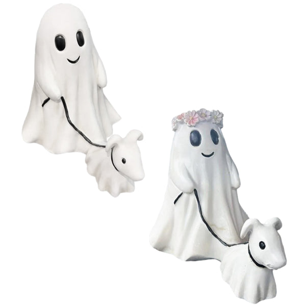 2Pcs Halloween Ghost Walking Dog Statue Ghost Ornament Decor for Yard Garden Corridor