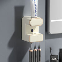 Punch-free Wall Mounted Electric Automatic Toothpaste Dispenser with 3 Toothbrush Slots Beige