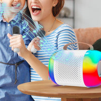 Mini Karaoke Machine with 2 Wireless Microphones Portable Bluetooth Speaker Colorful Lights White