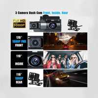 3 Channel WiFi HD 1080P Dash Camera Front 170 Degree Wide Angle Dashboard Camera