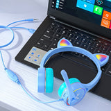 Headworn Headphone for Children Gaming Cat Ear Adjustable Headphones LED Lights Wired Headset Blue