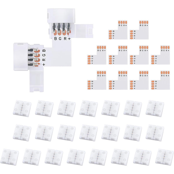 10Pcs L Shape 4-Pin LED Connectors with 22Pcs Clips for Strip Lights