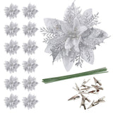 12 Pieces Set Christmas Glitter Flowers Decorations Xmas Faux Flowers Wedding Party Ornaments Silver